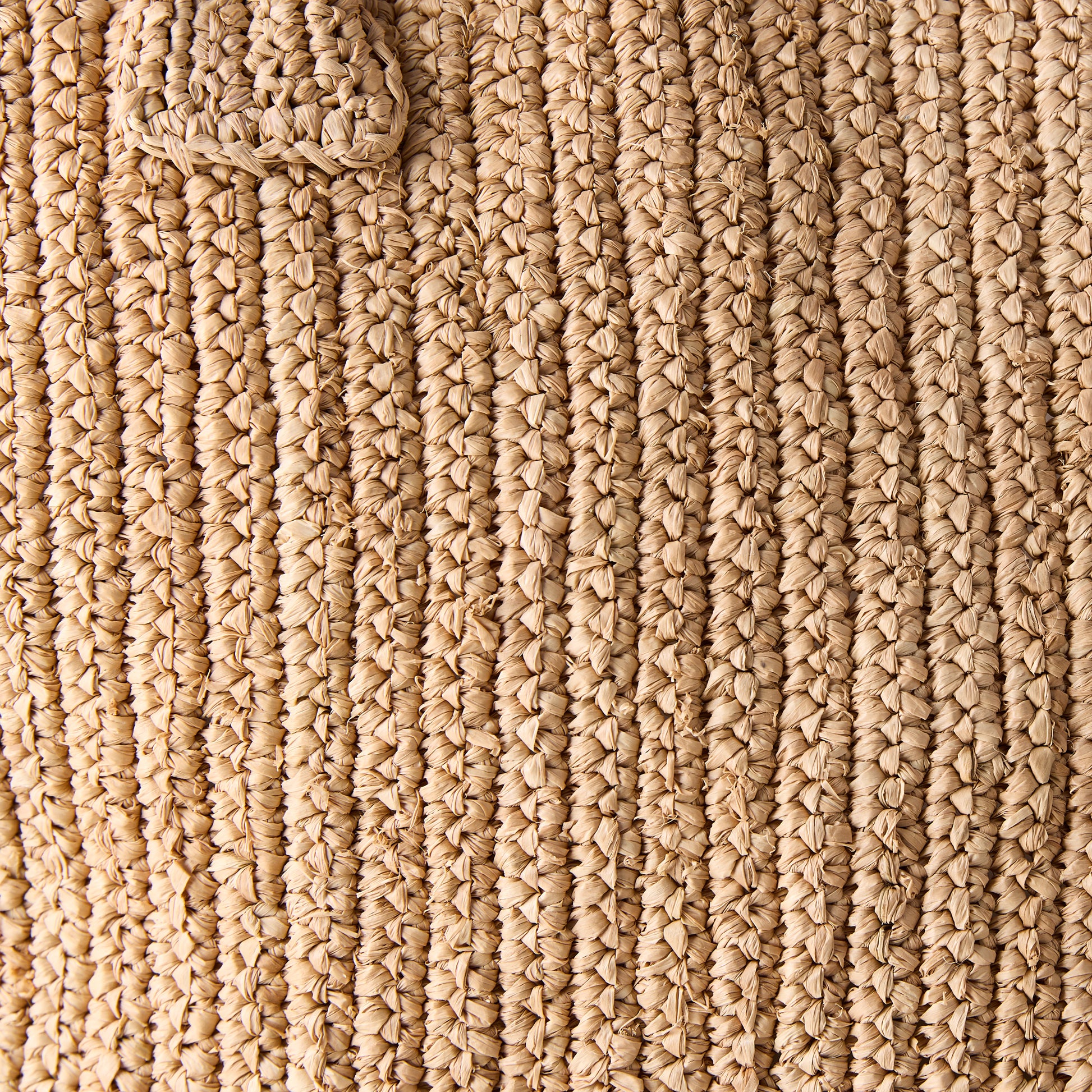 Close-up of a Madagascar Packable Raffia Tote Bag, showing its natural, tea-dyed crocheted raffia texture.
