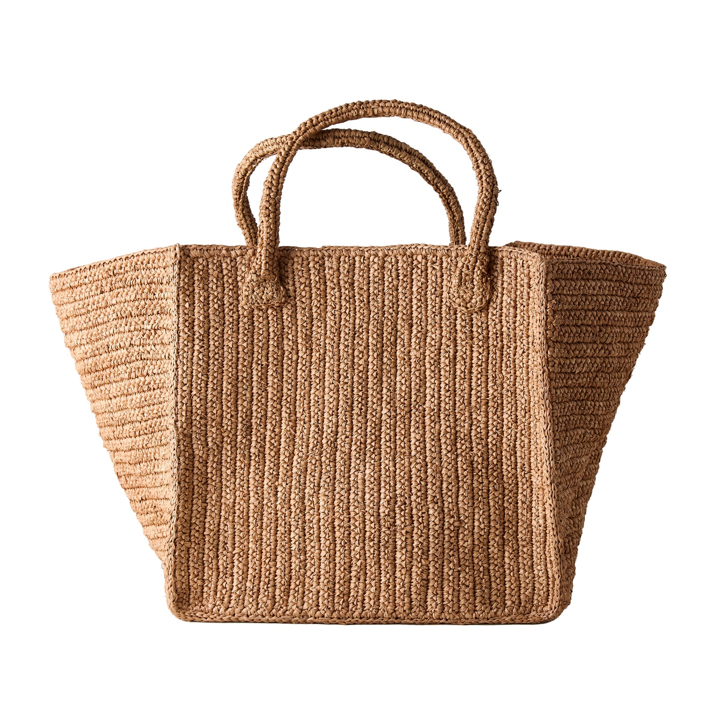 Madagascar Packable Raffia Tote Bag, natural tea-dyed, crocheted, with two top handles.