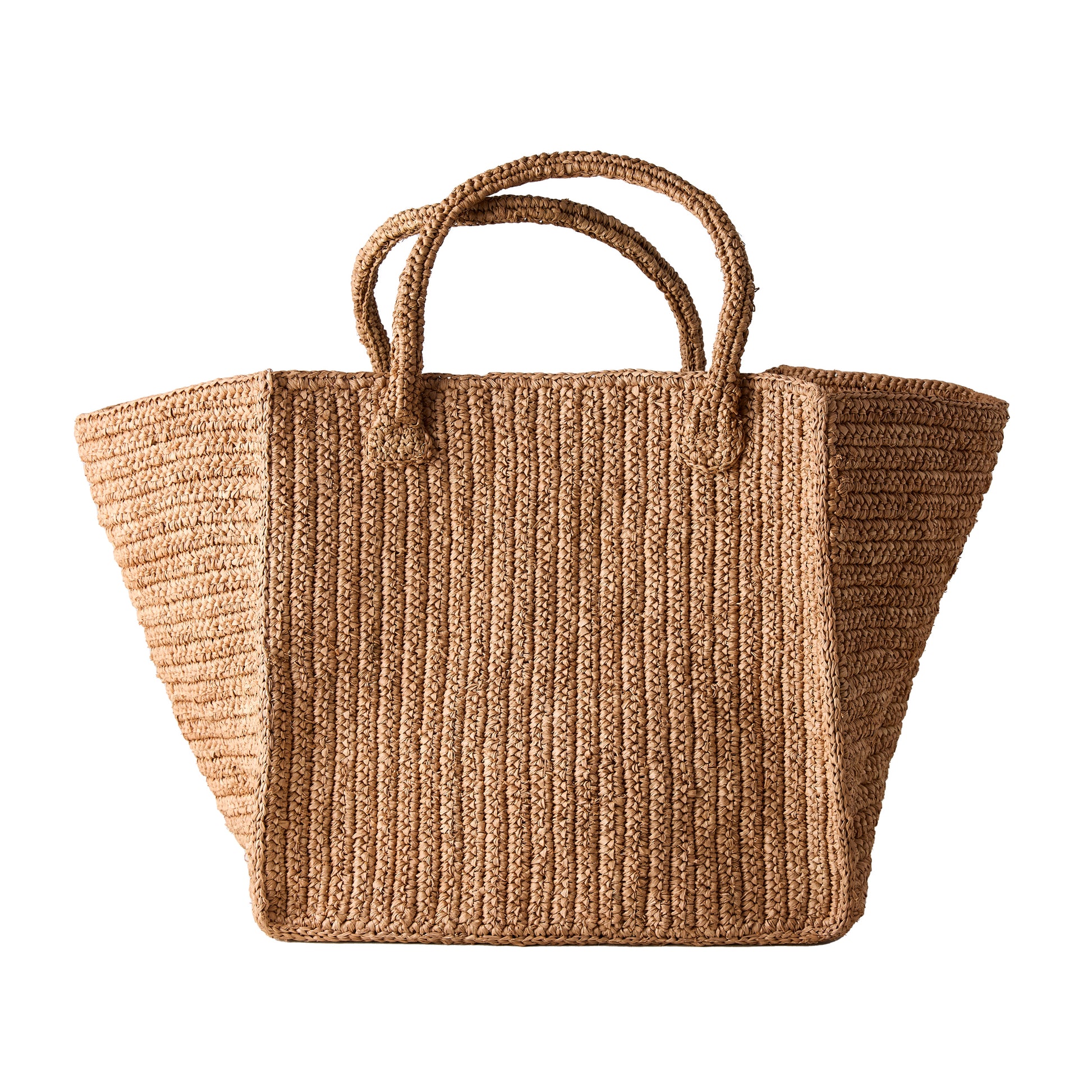 Madagascar Packable Raffia Tote Bag, natural tea-dyed, crocheted, with two top handles.