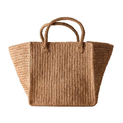 Madagascar Packable Raffia Tote Bag, natural tea-dyed, crocheted, with two top handles.