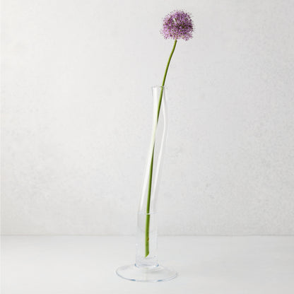 Large Maddie scissor-cut clear glass vase with a circular base, holding a single purple allium flower.