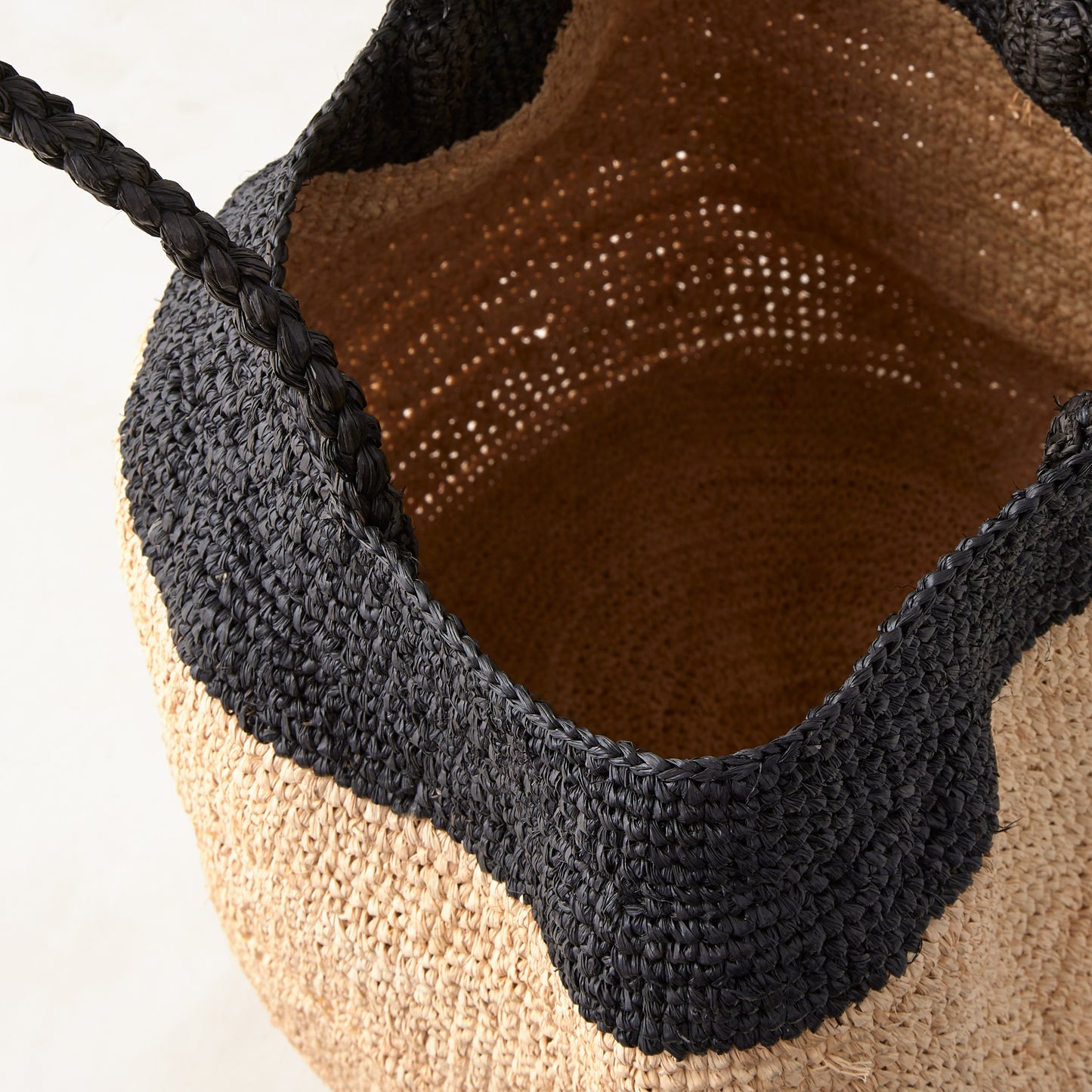 Madrague Black Single Stripe Woven Raffia Tote Bag, natural and black crocheted raffia, braided handle.