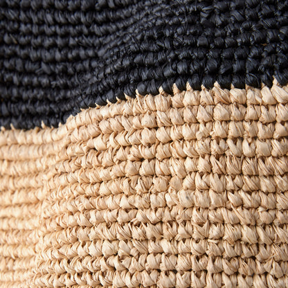 Madrague Black Single Stripe Woven Tote Bag, handcrafted from natural and black crocheted Raffia.