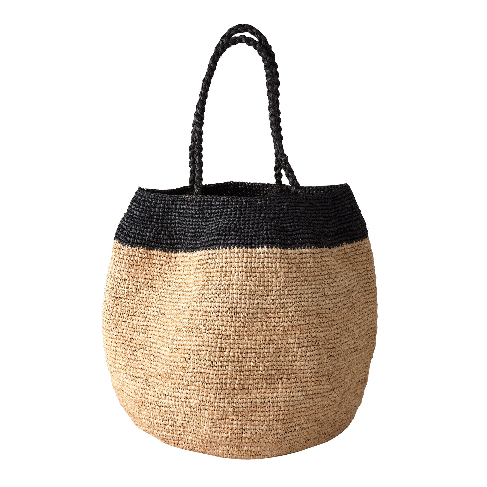 Madrague Black Single Stripe Woven Raffia Tote Bag with black handles and top stripe.