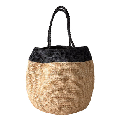 Madrague Black Single Stripe Woven Raffia Tote Bag with black handles and top stripe.