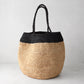Madrague Black Single Stripe Woven Tote Bag, natural raffia with black crocheted top and handles.