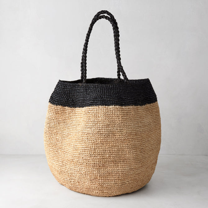 Madrague Black Single Stripe Woven Tote Bag, natural raffia with black crocheted top and handles.