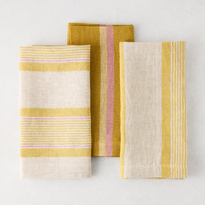 Madras Marigold, Oyster, and Pink Stripe Napkins, 100% washed cotton, 22" square.