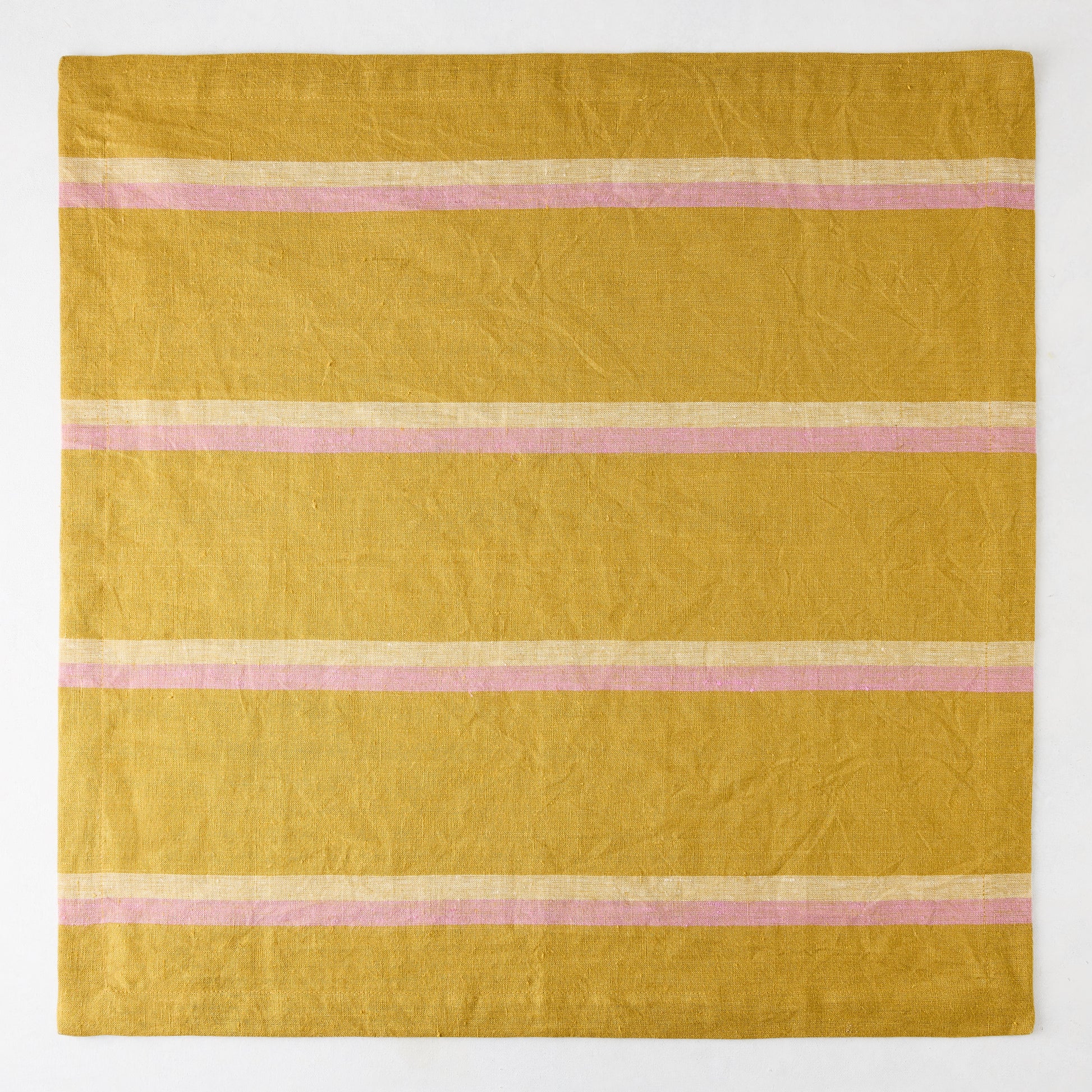 Madras Marigold, Oyster, and Pink Stripe Napkin, 22" square, woven washed cotton.