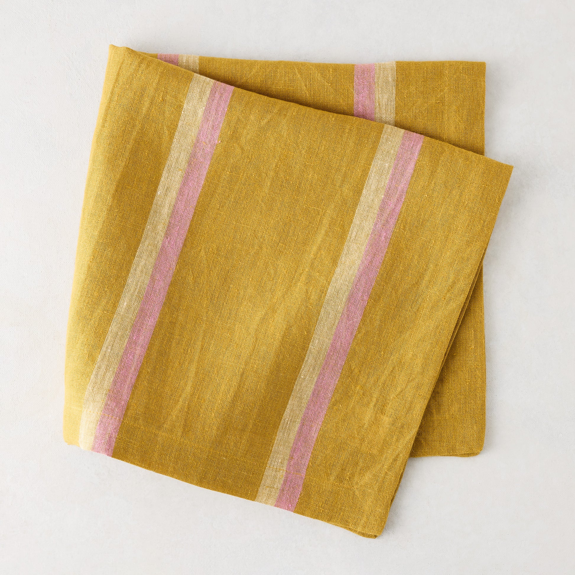Madras Marigold, Oyster, and Pink Stripe Napkin, 100% washed cotton, 22" square.
