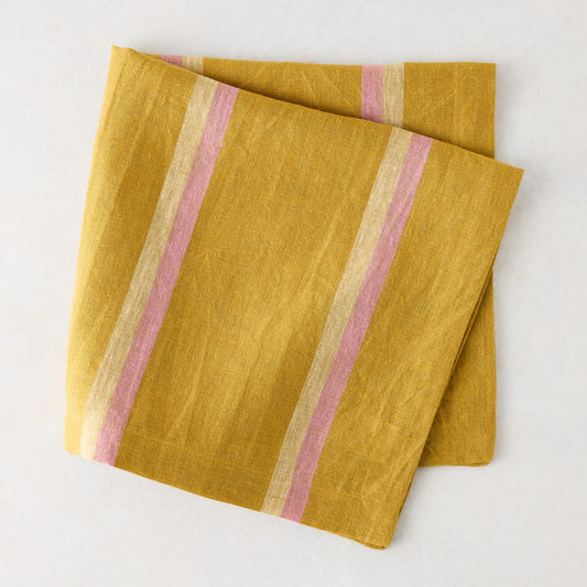 Madras Marigold, Oyster, and Pink Stripe Napkin, 100% washed cotton, 22" square.