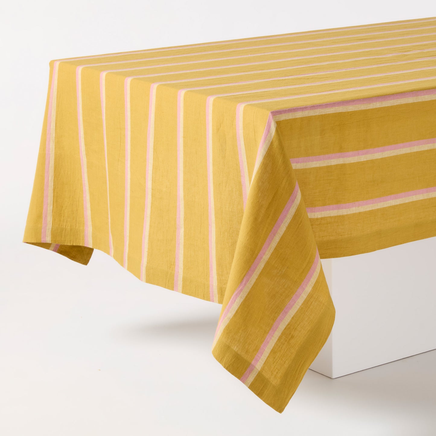 Madras Marigold, Pink, and Natural Stripe Cotton Tablecloth, 70"W x 108"L.
