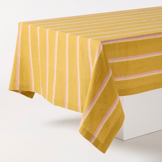 Madras Marigold, Pink, and Natural Stripe Cotton Tablecloth, 70"W x 108"L.