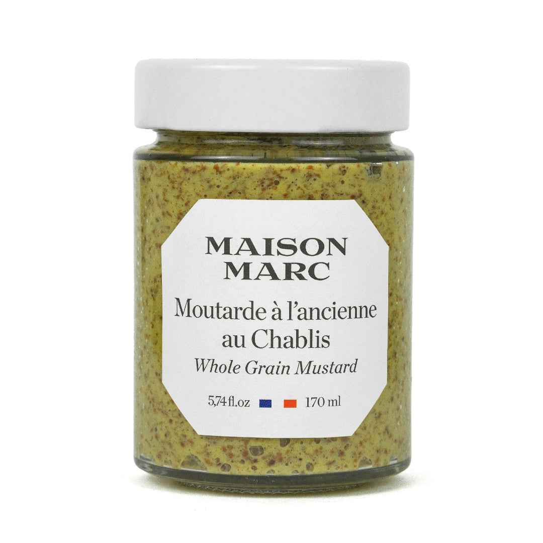 Maison Marc Whole Grain Mustard in a clear glass jar with a white lid and label.