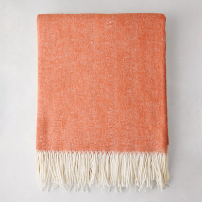 Mandarin Orange Italian Herringbone Throw Blanket, 51"x67", with decorative fringe.