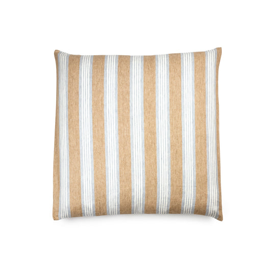Maora Stripe Linen Pillow Sham with vertical tan, white, and light blue stripes.