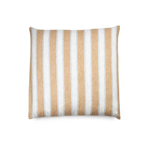 Maora Stripe Linen Pillow Sham with vertical tan, white, and light blue stripes.