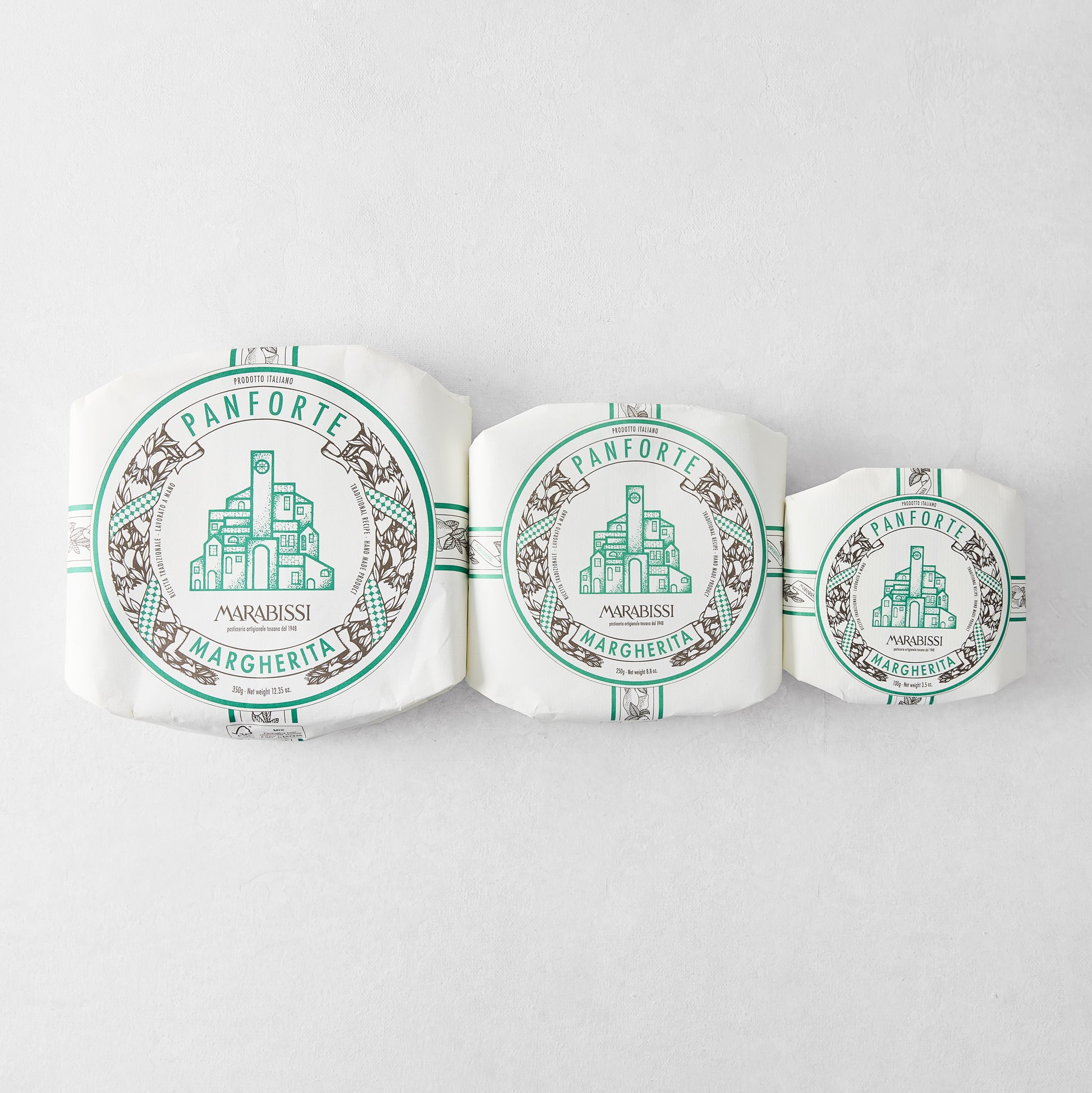 Set of 3 Marabissi Margherita Panforte, white packaging with green and brown Italian village design.