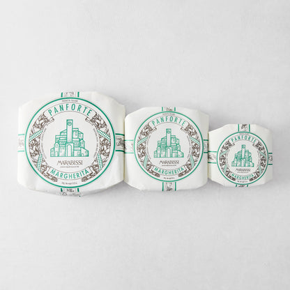 Set of 3 Marabissi Margherita Panforte, white packaging with green and brown Italian village design.