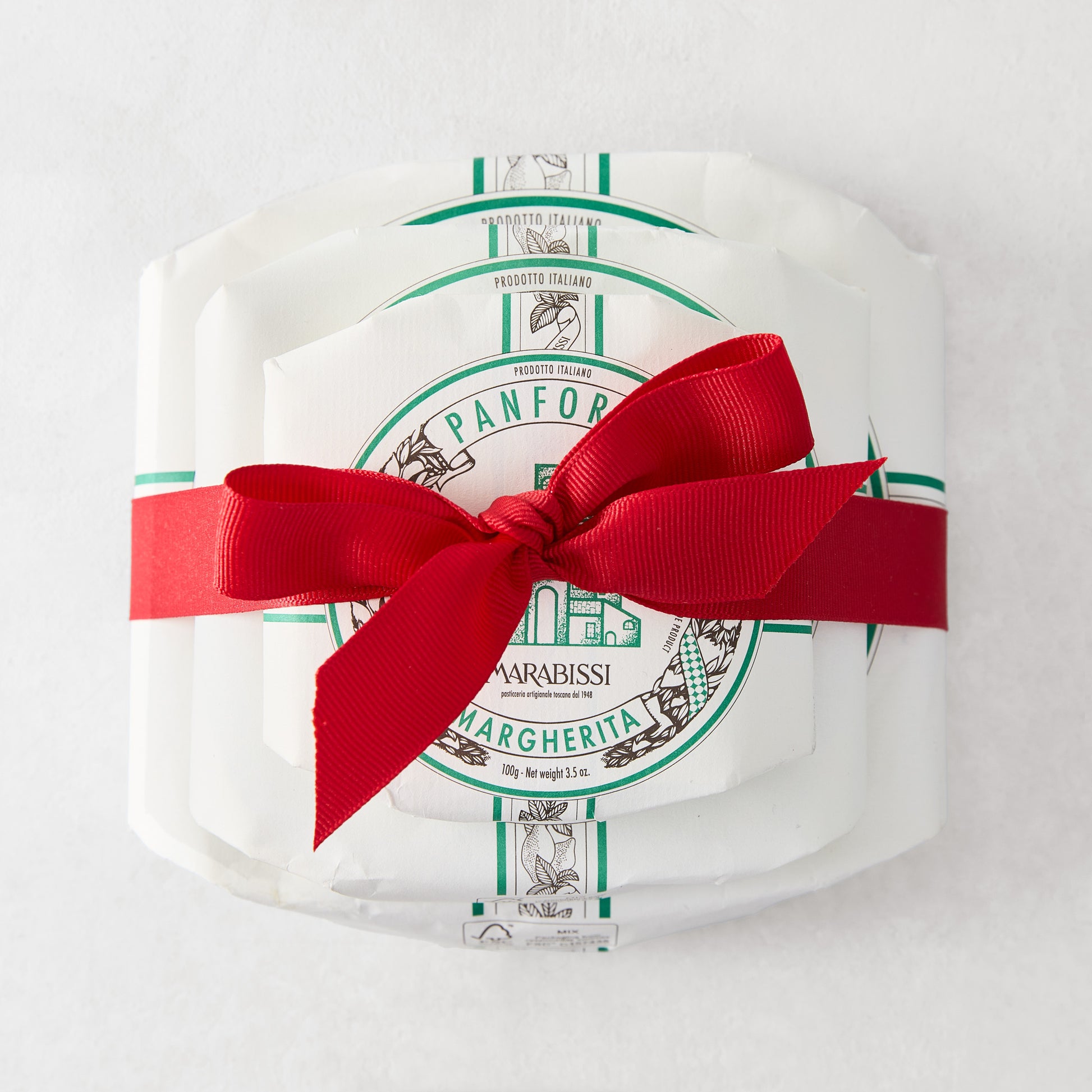 Set of 3 Marabissi Margherita Panforte, white Italian almond and candied fruit cakes, tied with a red ribbon.