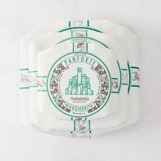 Set of 3 Marabissi Margherita Panforte, white Italian almond and candied fruit cakes with green labels.