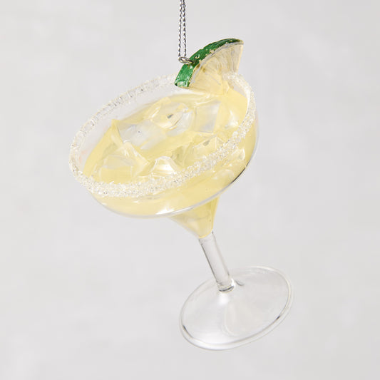 Hand-painted glass margarita Christmas tree ornament with salt rim, ice, and lime wedge.