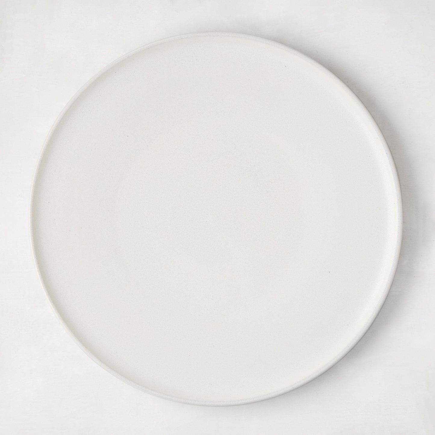 Matte white stoneware dinner plate with subtle grey speckles.