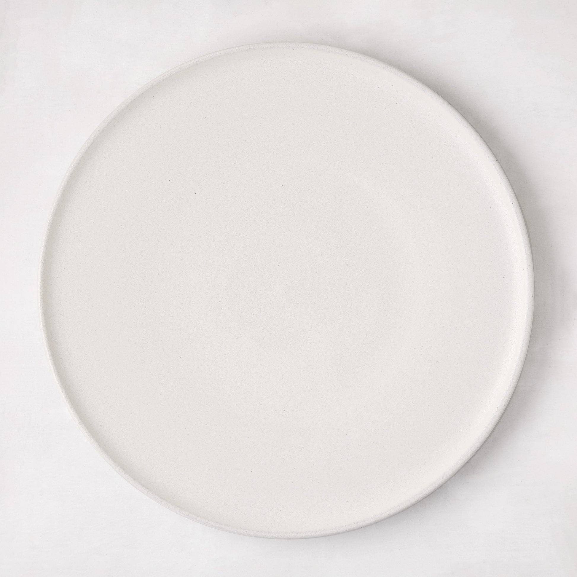 Matte white stoneware dinner plate with subtle grey speckles.