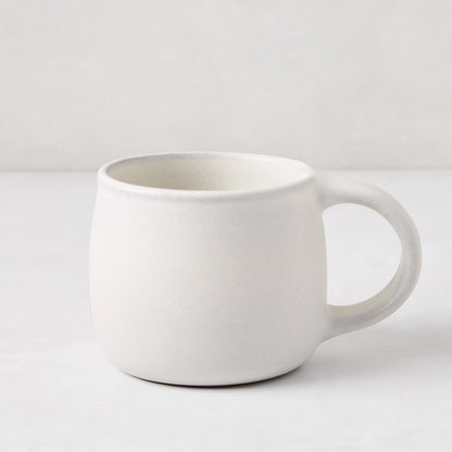 Matte white stoneware mug with a smooth glaze and subtle grey speckles, from the Matte White Stoneware Collection.