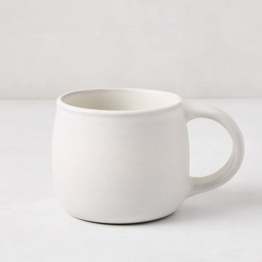 Matte white stoneware mug with a smooth glaze and subtle grey speckles, from the Matte White Stoneware Collection.