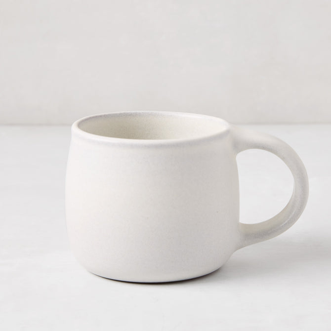 Matte white stoneware mug with a smooth glaze and subtle grey speckles, from the Matte White Stoneware Collection.