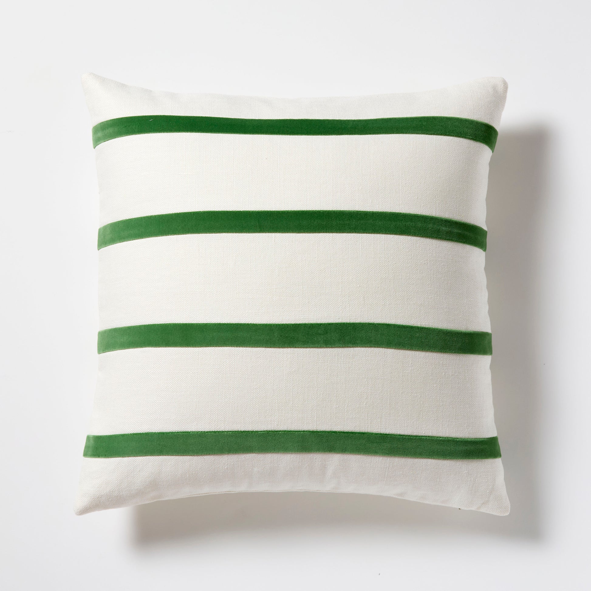 22" square ivory linen pillow with horizontal meadow green velvet stripes.