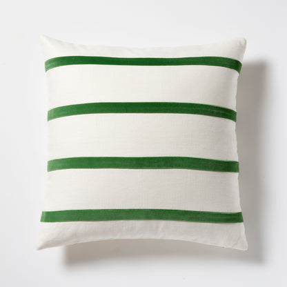 22" square ivory linen pillow with horizontal meadow green velvet stripes.