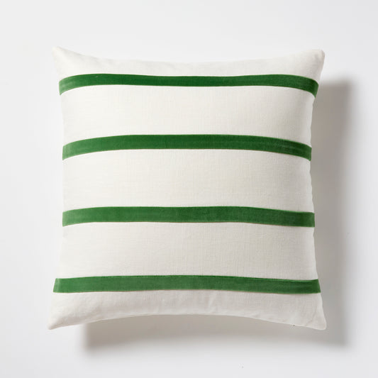 22" square ivory linen pillow with horizontal meadow green velvet stripes.