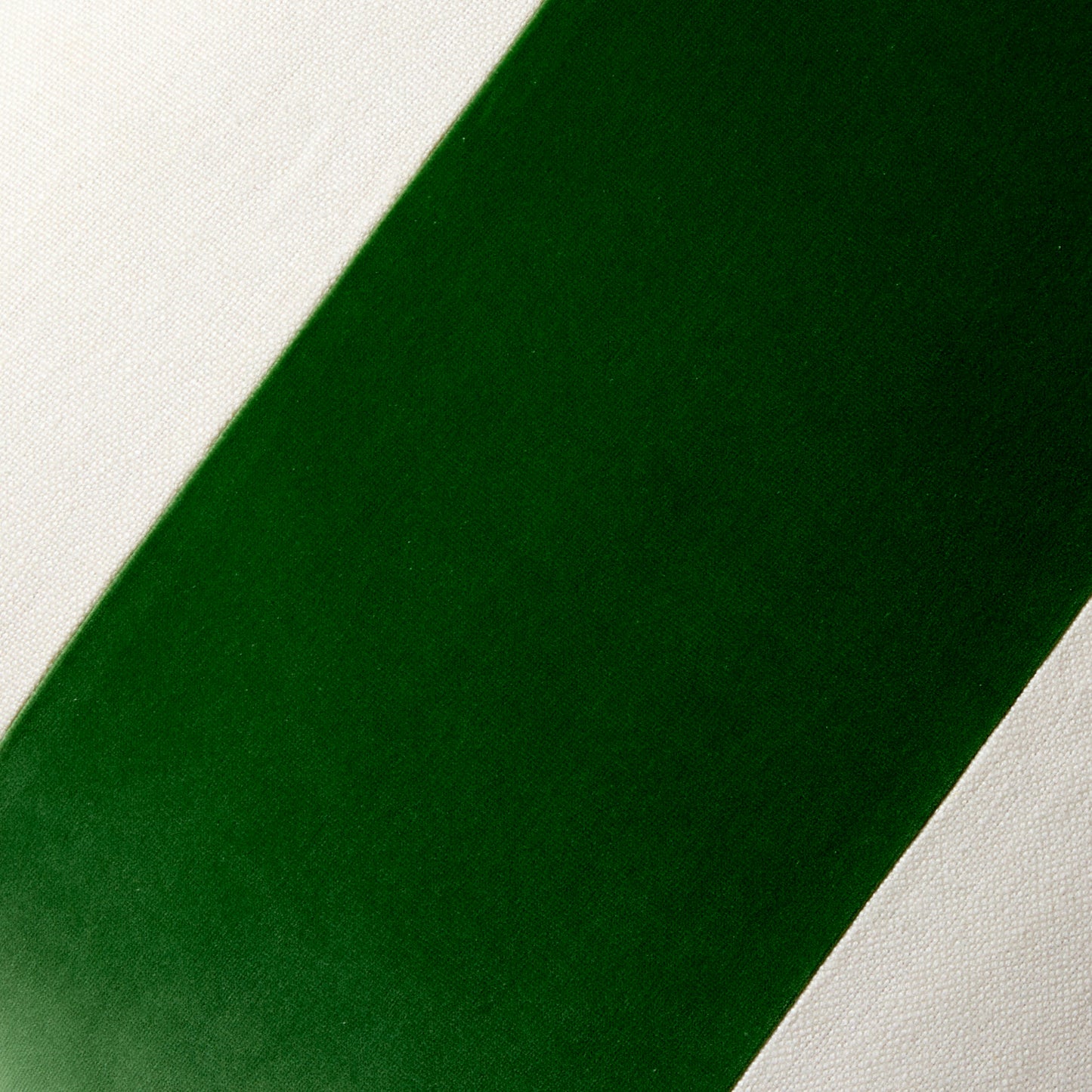 Meadow Green wide velvet and cream Belgian linen stripe pillow, 22" square.