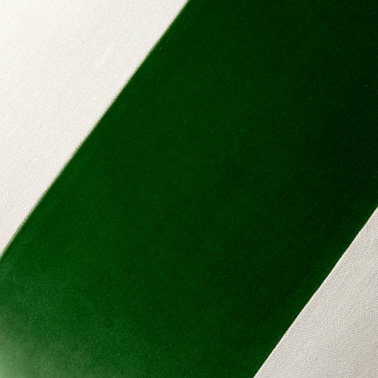 Meadow Green wide velvet and cream Belgian linen stripe pillow, 22" square.