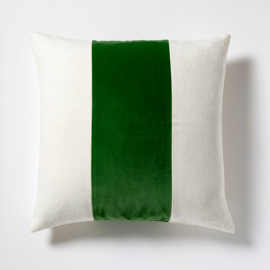 22" square Meadow Green velvet and cream linen stripe pillow.