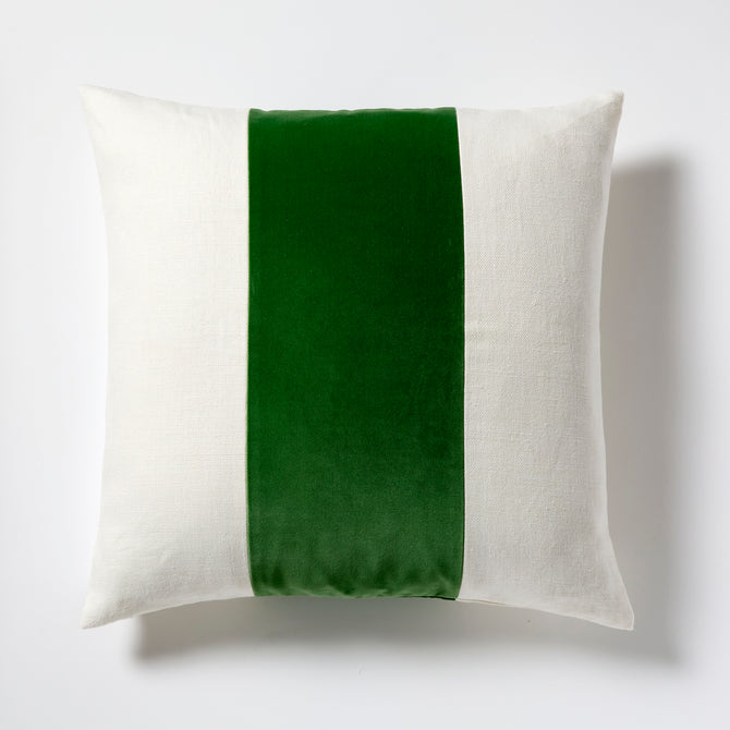 22" square Meadow Green velvet and cream linen stripe pillow.