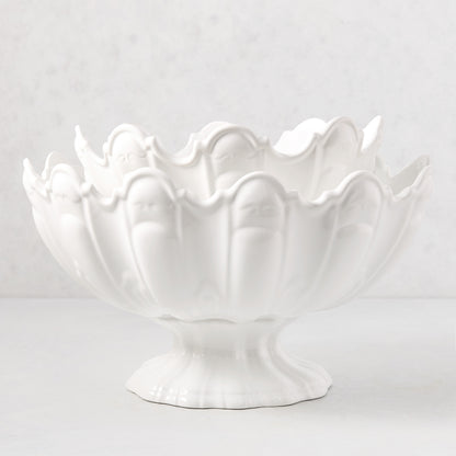 White ceramic scallop serve bowl, 13"Dia, with a footed base and decorative rim.