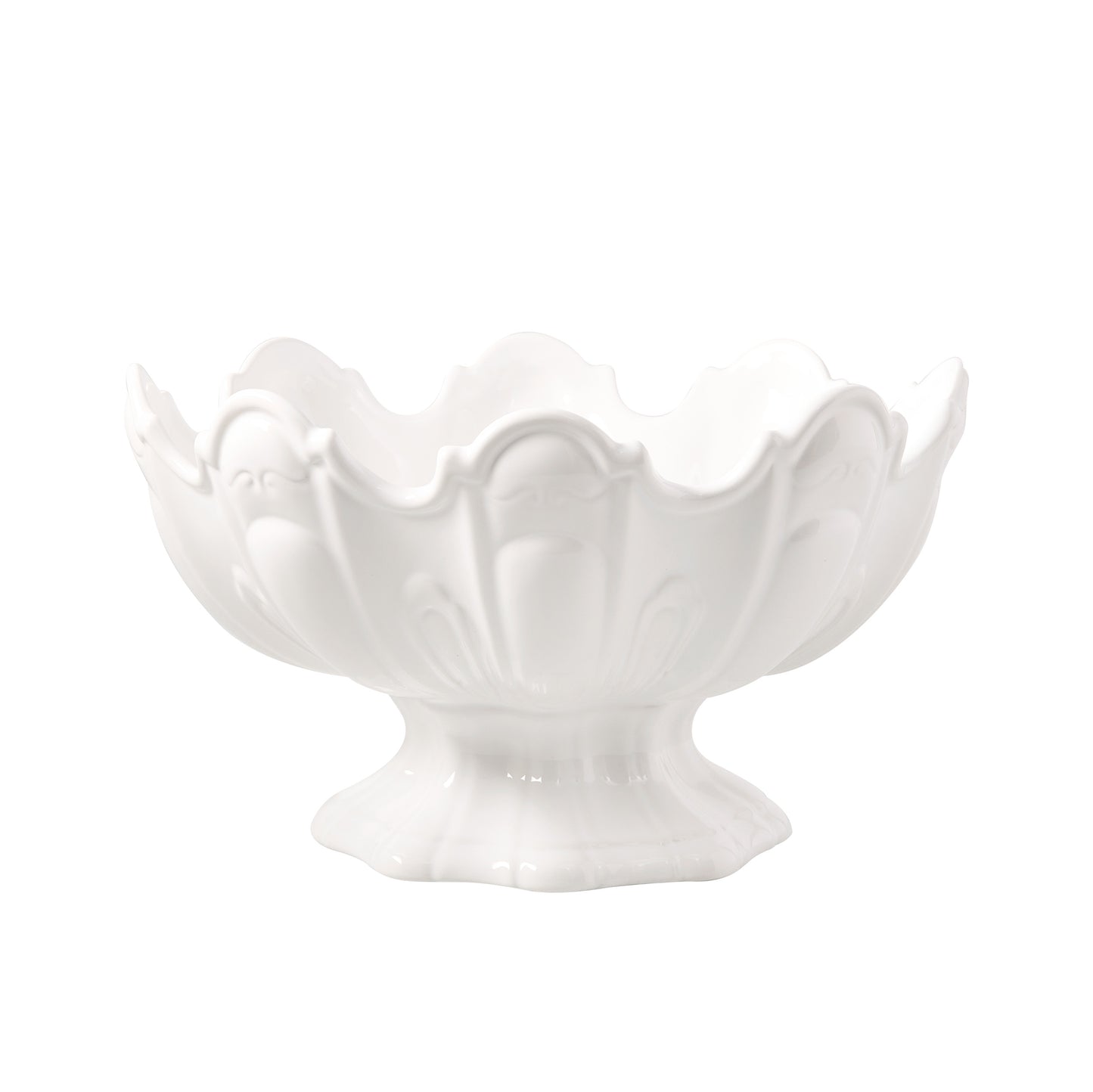 White ceramic scallop serve bowl, 13"Dia, with decorative base.