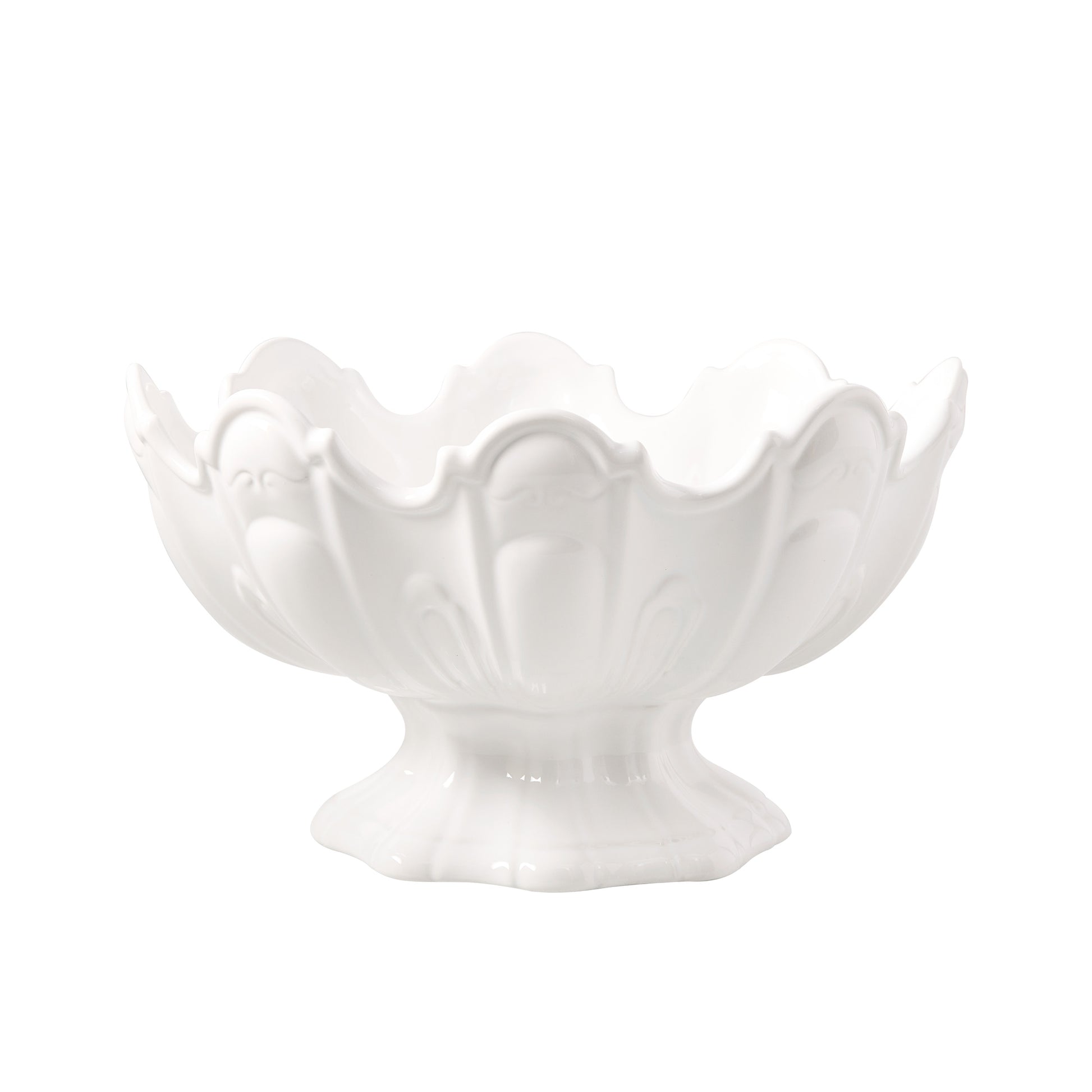White ceramic scallop serve bowl, 13"Dia, with decorative base.