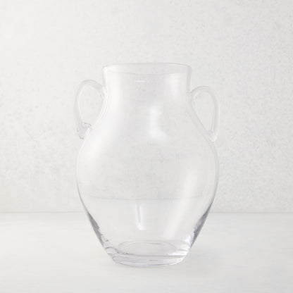 Medium clear recycled glass confit vase with organic curves and decorative handles.