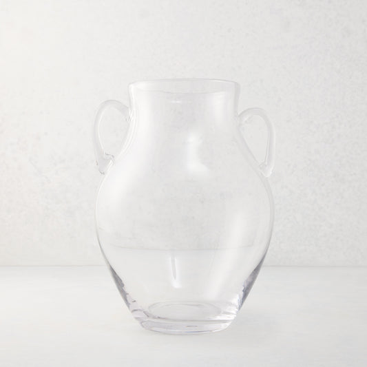 Medium clear recycled glass confit vase with organic curves and decorative handles.