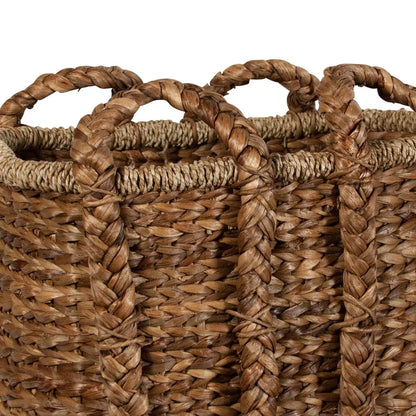 Medium brown woven water hyacinth basket with double braided handles.