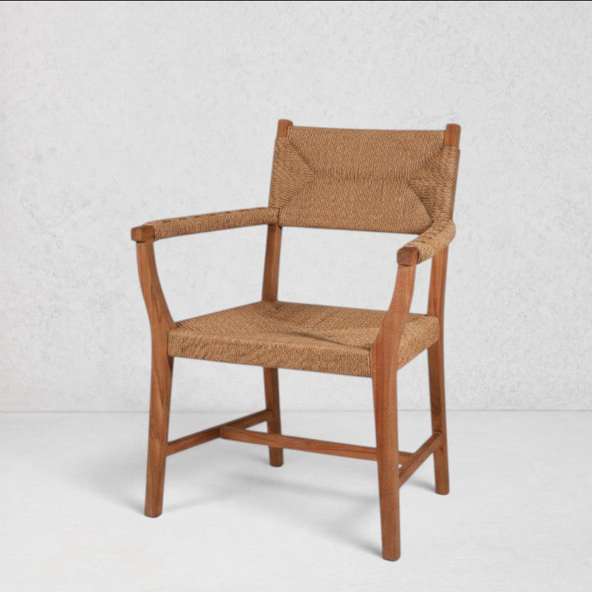 Megan Woven Arm Chair with natural cord seat and back, solid reclaimed teak frame.