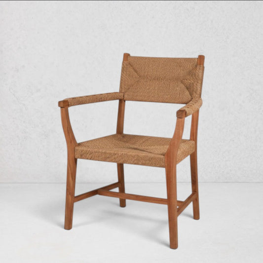 Megan Woven Arm Chair with natural cord seat and back, solid reclaimed teak frame.