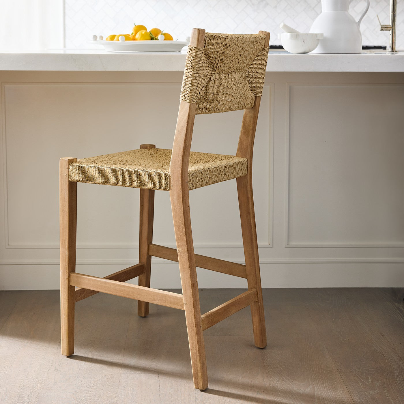 Megan Woven Counter Stool with natural cord seat and back, solid reclaimed teak frame.