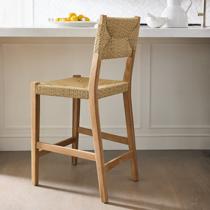 Megan Woven Counter Stool with natural cord seat and back, solid reclaimed teak frame.