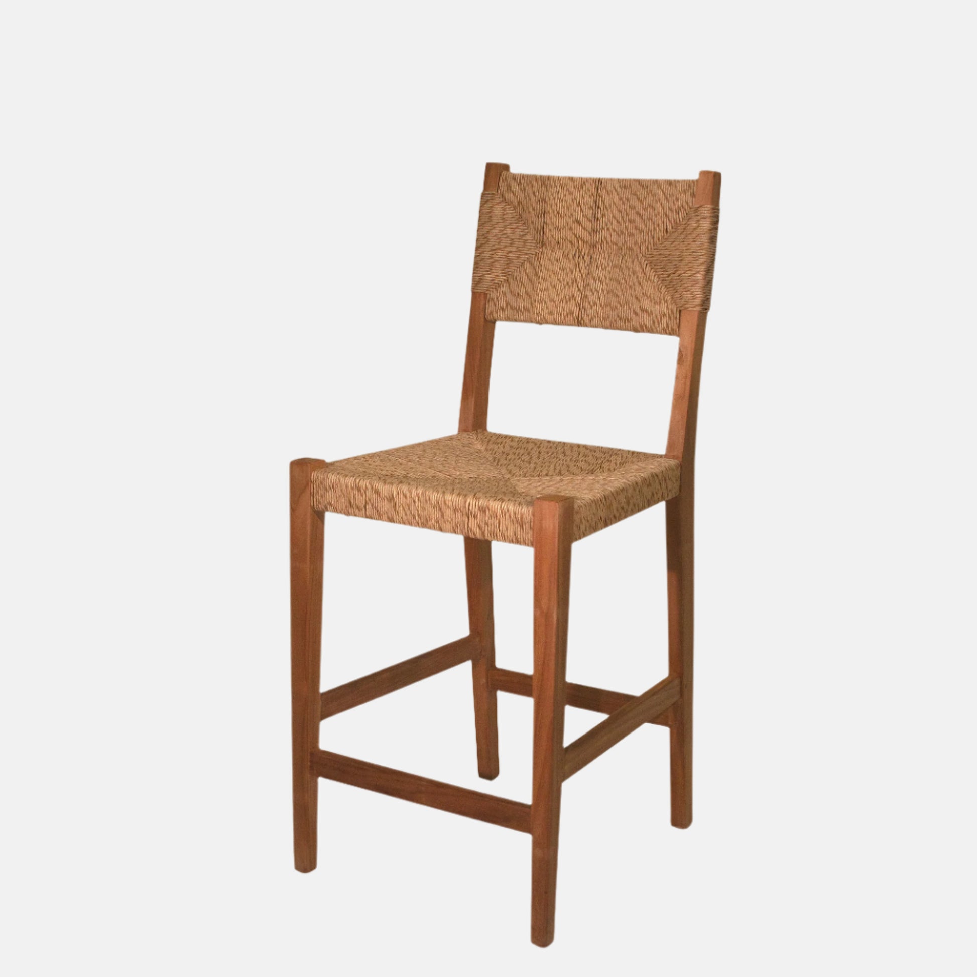 Megan Woven Counter Stool with a natural cord seat and back, and a solid reclaimed teak wood frame.