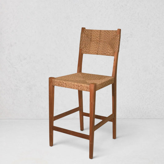 Megan Woven Counter Stool with a natural cord seat and back, and a solid reclaimed teak wood frame.